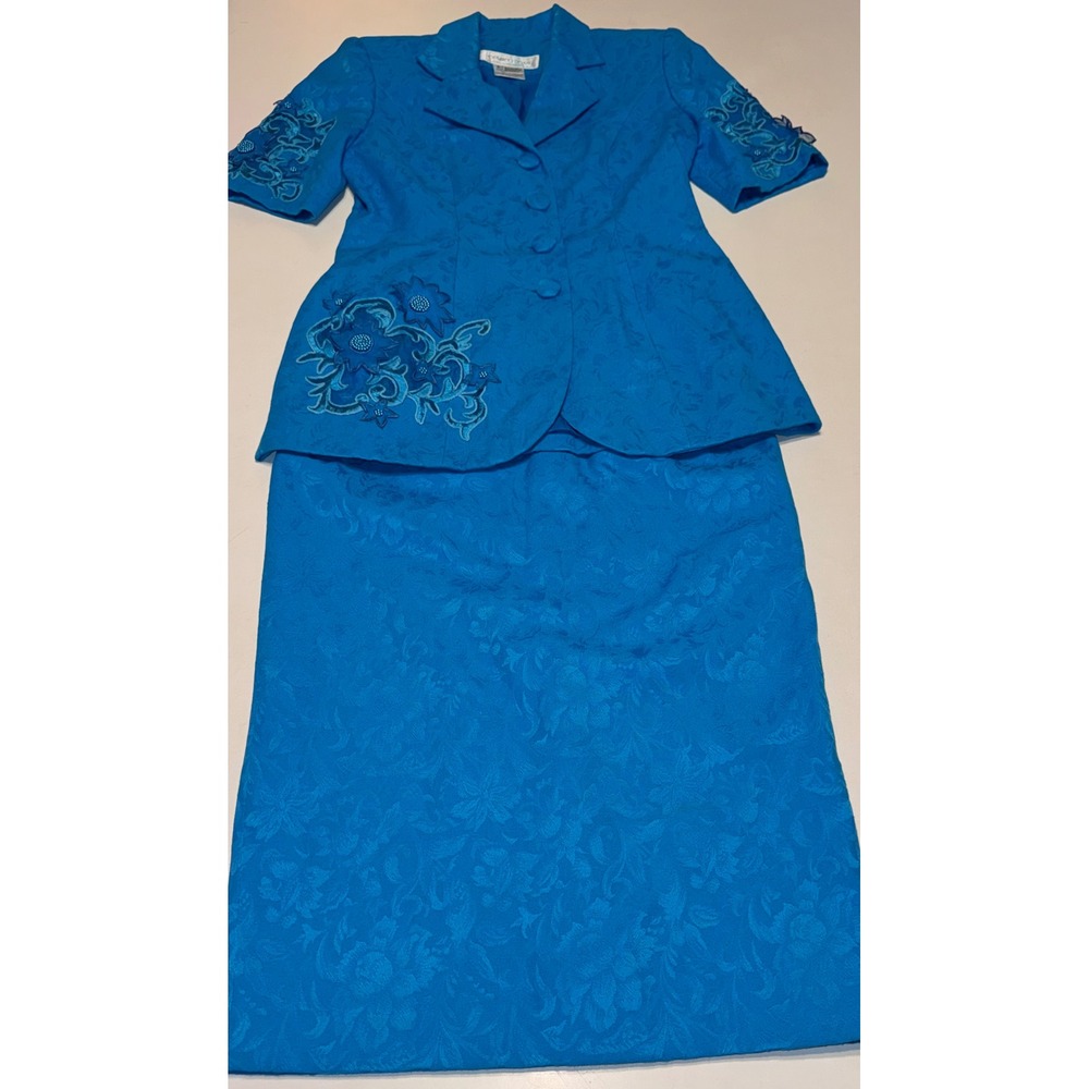 VTG Orlando Rossi Blue Jacquard Skirt Suit Set Floral Embroidery Beaded Size 6